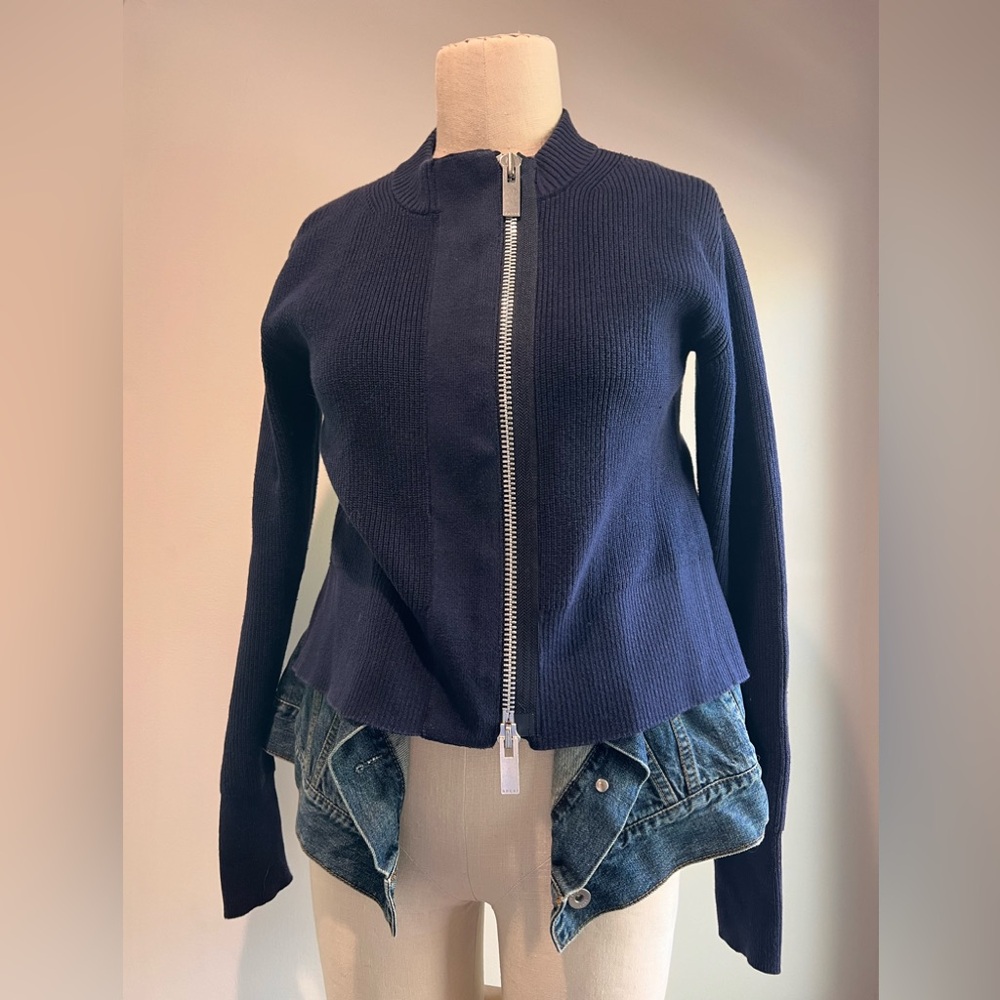 Sacai navy knit zip up cardigan sweater w denim bottom hybrid detail sz 1 small